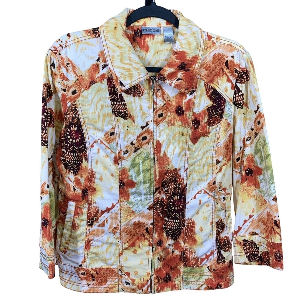 Chico's Orange Abstract Floral Zip Up Cotton Jacket Womens Size 1 M 8